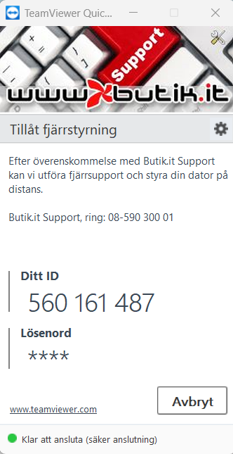 Så ser Butik.it Fjärrsupport ut när programmet startat